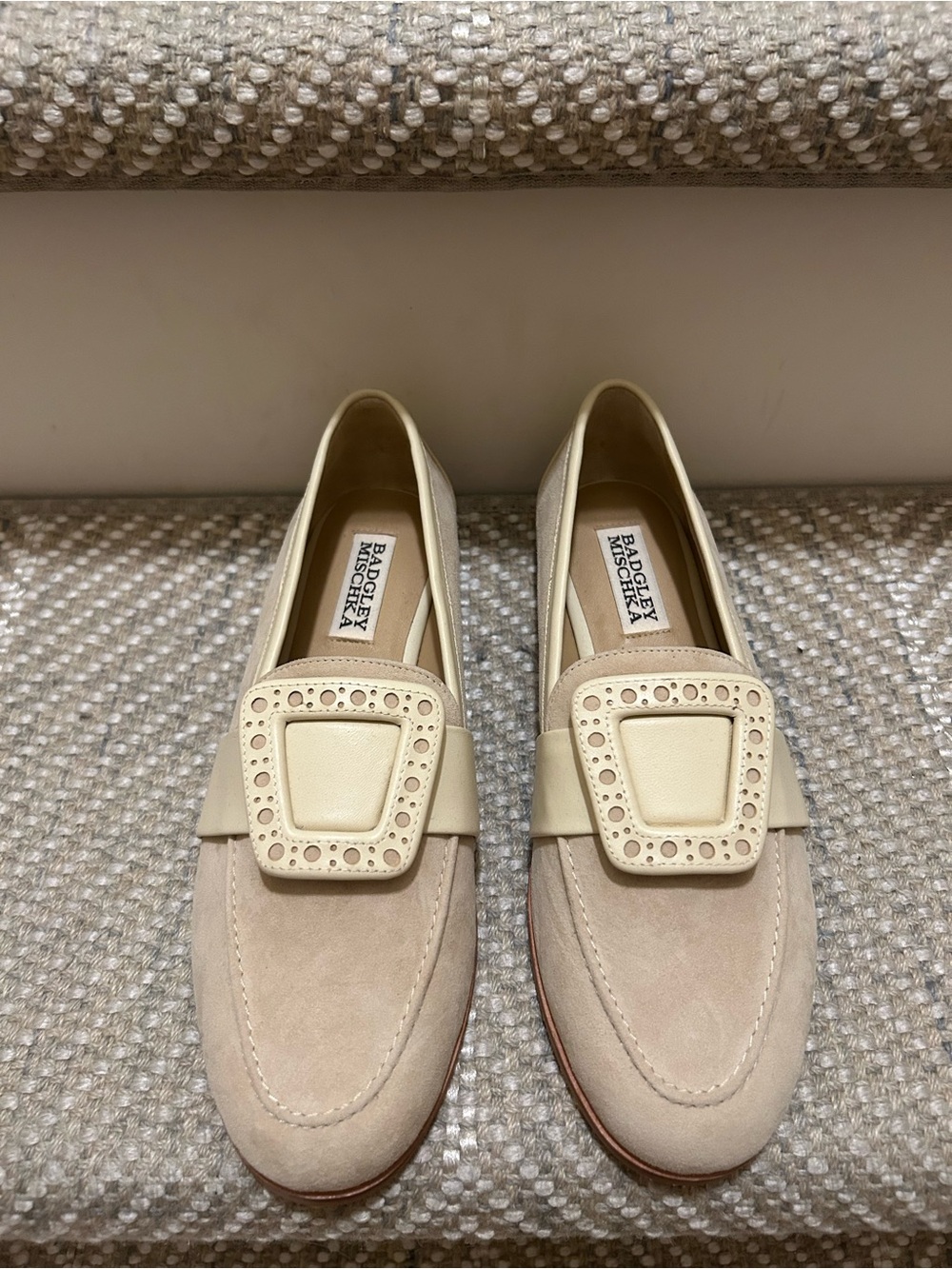 Badgley Mischka Beige Suede Loafers with Decorative Buckle